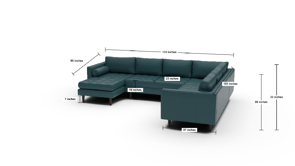 Ladybird 133" Leather Corner Sectionals w. Left Chaise - Dimensions