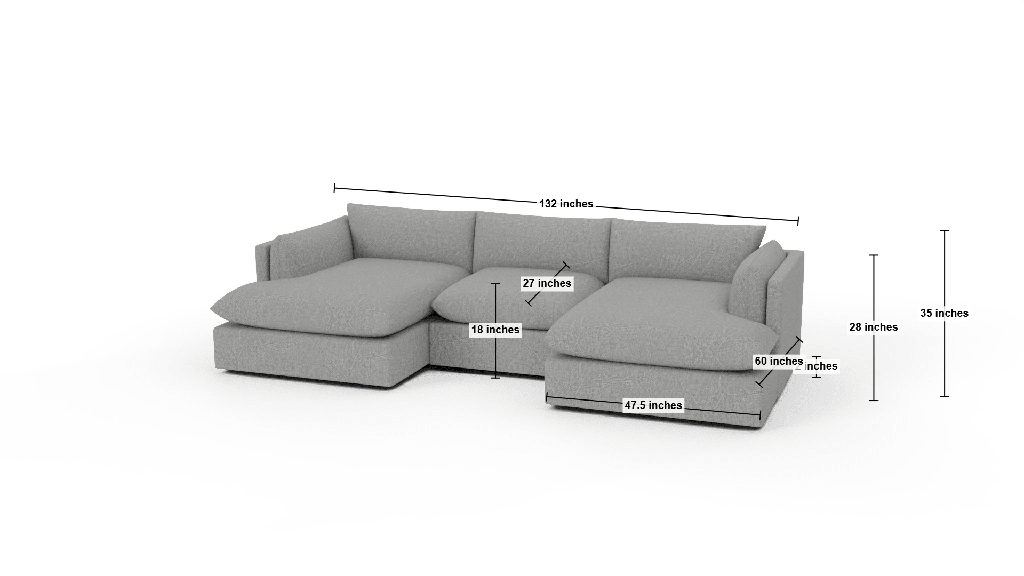 SoCo 132" Double Chaise with Armless Chair - Dimensions