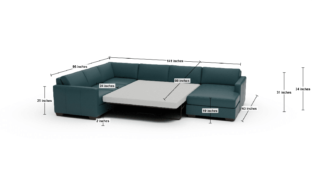 Track 141" Leather Corner Sectionals W. Full Sleeper & Right Chaise - Dimensions
