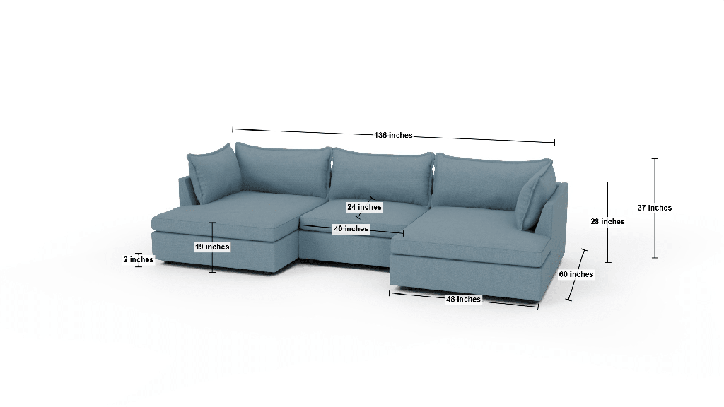 Cherrywood 136" Double Chaise W. Armless Chair - Dimensions
