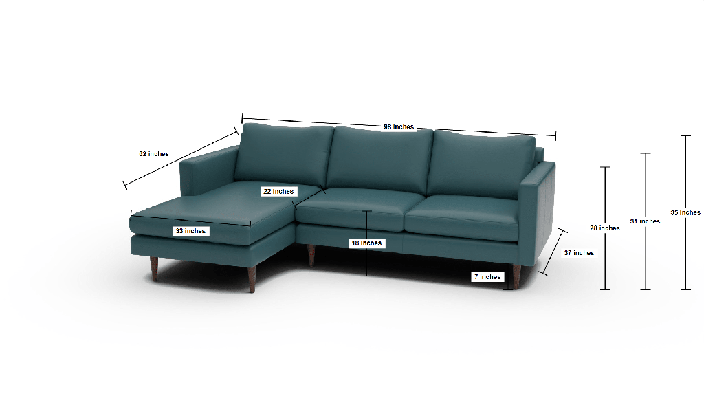 Wallace 98" Leather Untufted Left Chaise Sectional - Dimensions