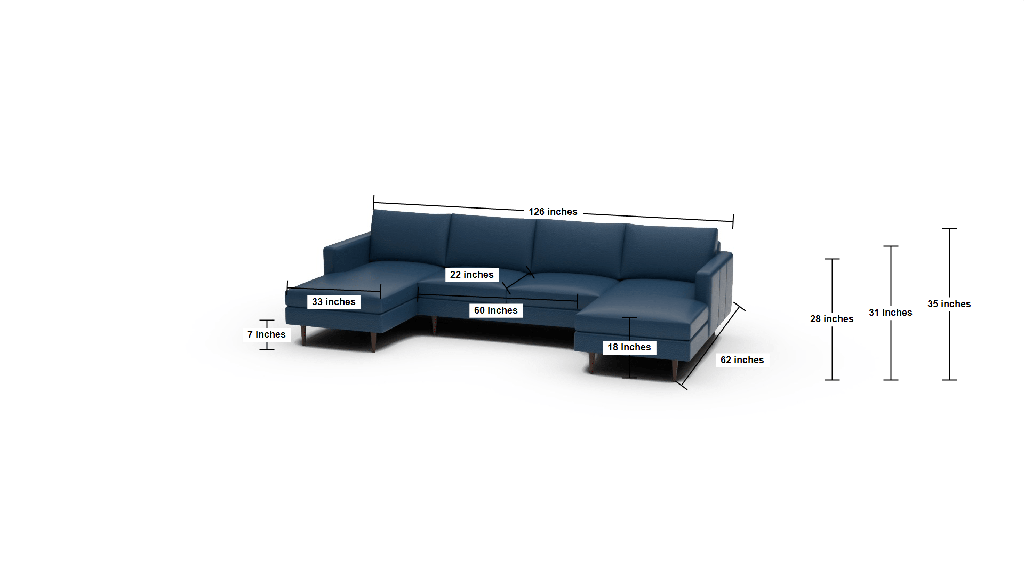Wallace 126" Leather Untufted Double Chaise U Sectional - Dimensions