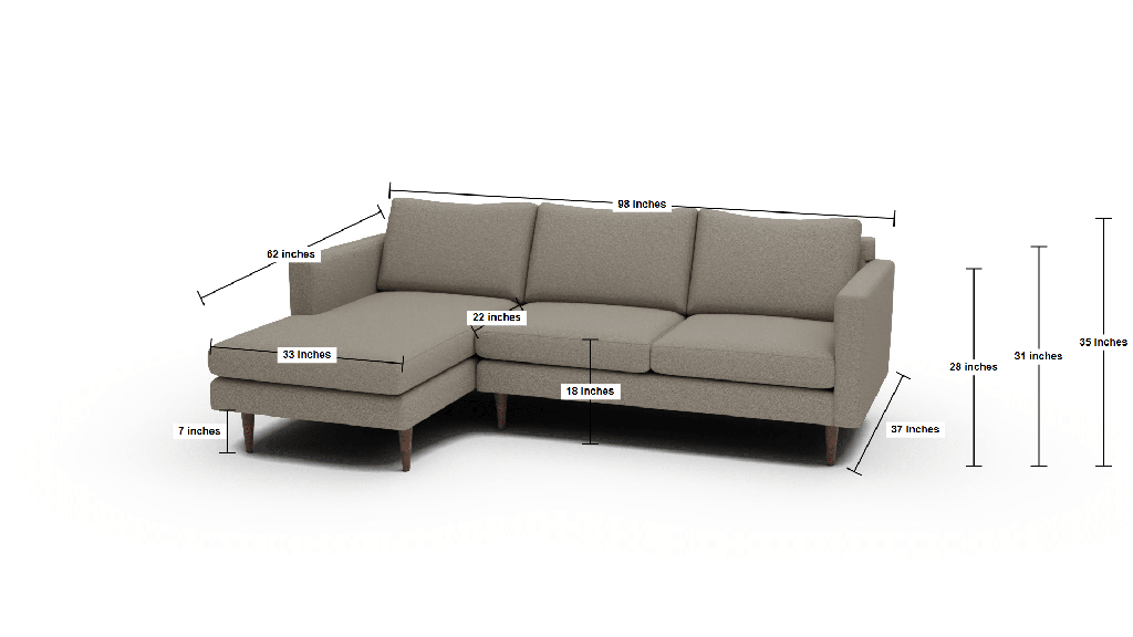 Wallace 98" Untufted Left Chaise Sectional - Dimensions