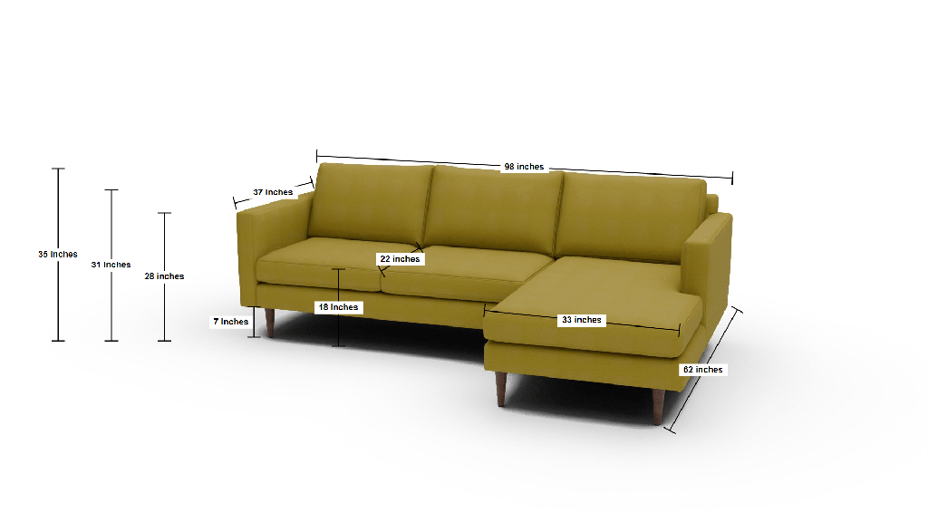 Wallace 98" Untufted Right Chaise Sectional - Dimensions
