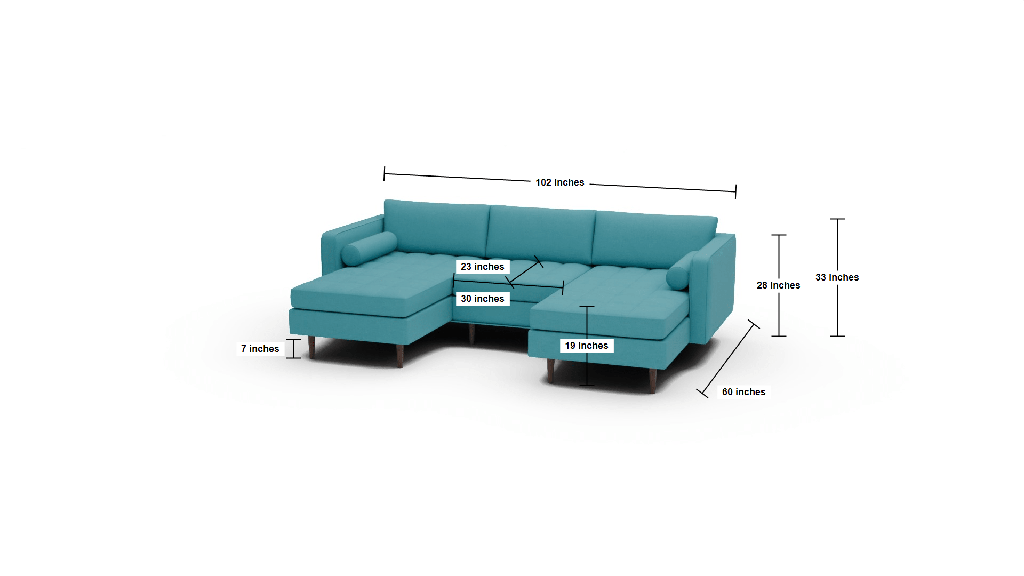 Ladybird 102" Double Chaise with Armless Chair - Dimensions
