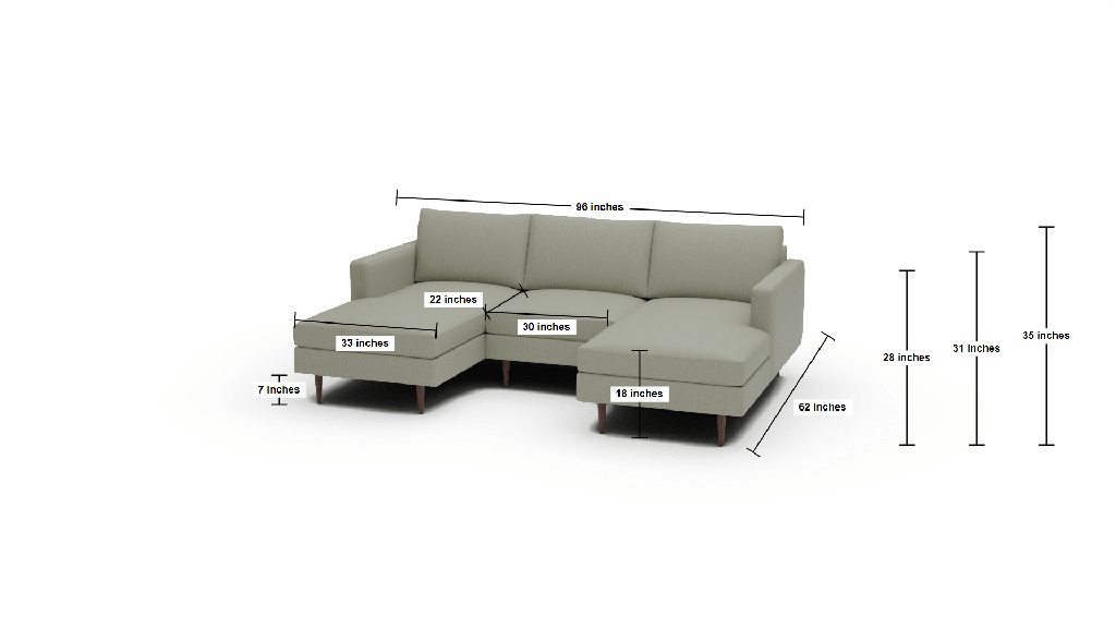 Wallace 96" Untufted Double Chaise With Armless Chair - Dimensions
