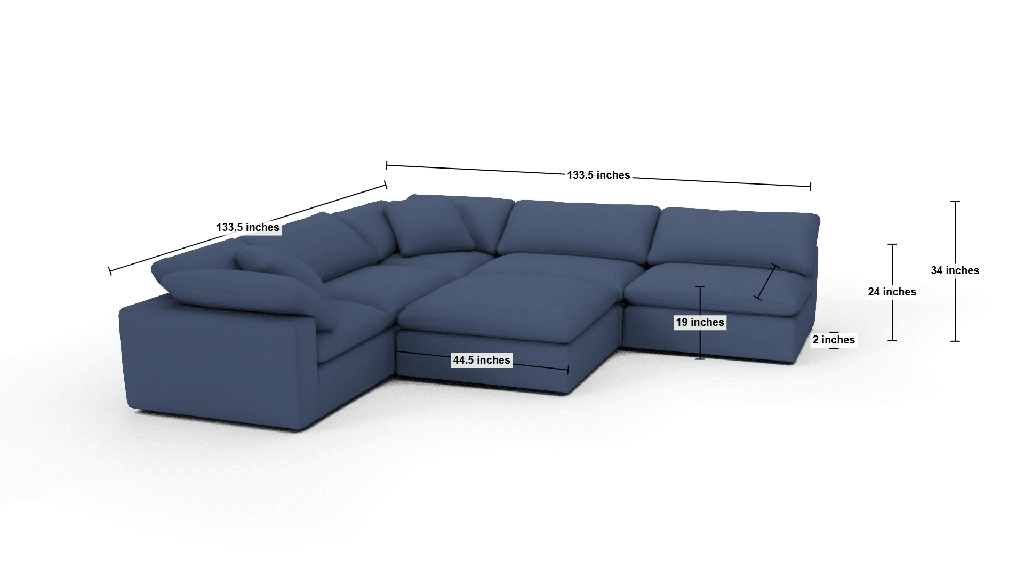 Fluffy DB 133.5" 5 Piece Sectional W/Ottoman - Dimensions