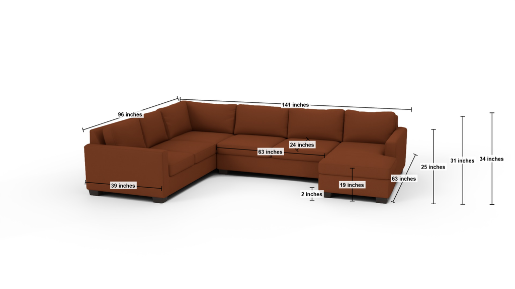 Track 141" Corner Sectionals w. Right Chaise - Dimensions